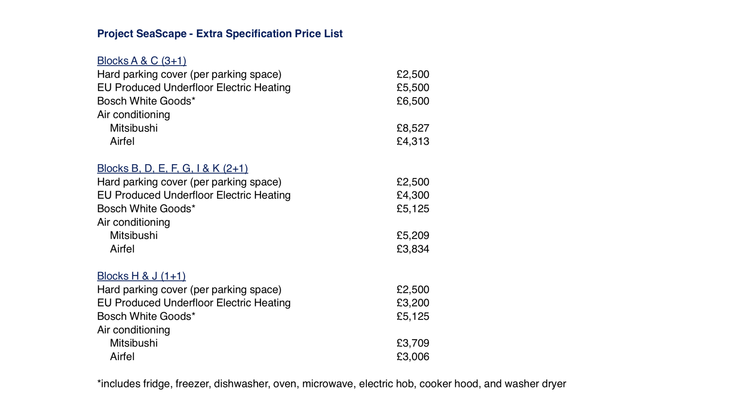 Extra Specifications and Price List